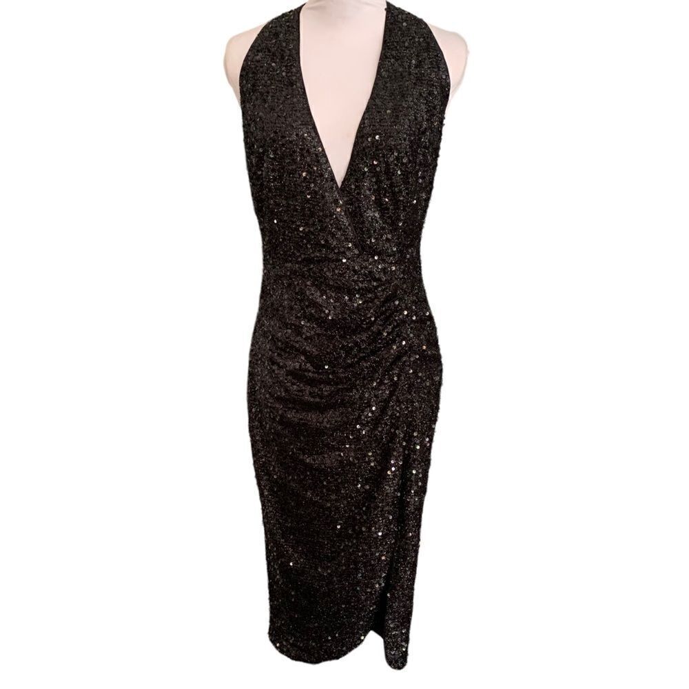 Fashion Nova Faux Wrap Black Sequin Front Slit Halter Dress Open Back Sz M